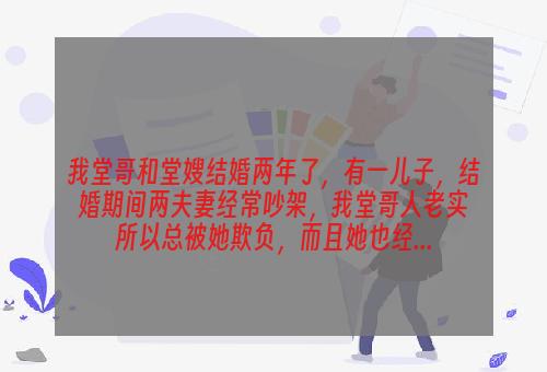 我堂哥和堂嫂结婚两年了，有一儿子，结婚期间两夫妻经常吵架，我堂哥人老实所以总被她欺负，而且她也经...